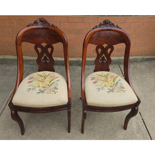 Traditional Pair 19th Century American Empire Carved Magogany and Needlepoint Upholstered Chairs For Sale - Image 3 of 11
