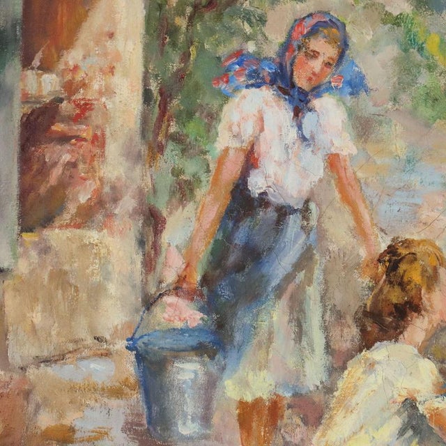 Elena Bagnati, Scene with Women at the Washhouse, Oil Painting on Canvas, Framed For Sale - Image 6 of 12