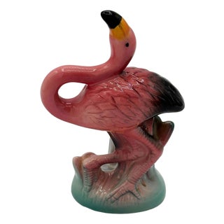 1986 Tropical Pink Flamingo Ceramic Tabletop Bud Vase Set by Five & Dime For Sale