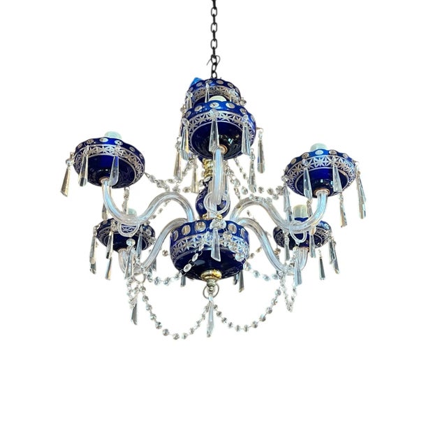 Absolutely Beautiful Blue Bohemian Cut Glass Chandelier. Chandelier is in working condition and is ready to hang. It is...