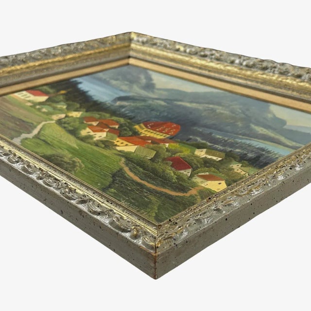 Vintage Folk Art German Village Mountainous Landscape, Signed (Oil on Board). Landscape with a small village in the...