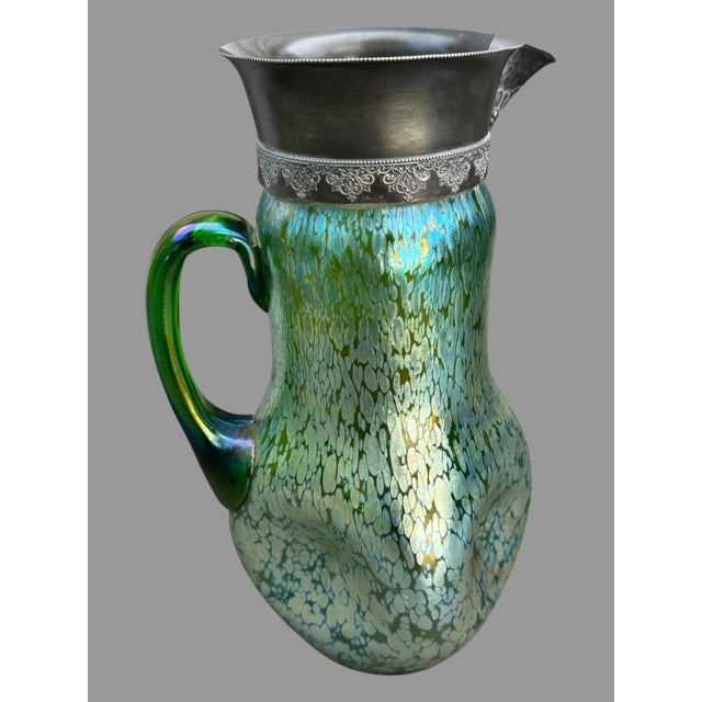 Loetz Vintage Loetz Style Iridized Oil Spot 12" Art Glass Pitcher Silver Plated Rim For Sale - Image 4 of 9