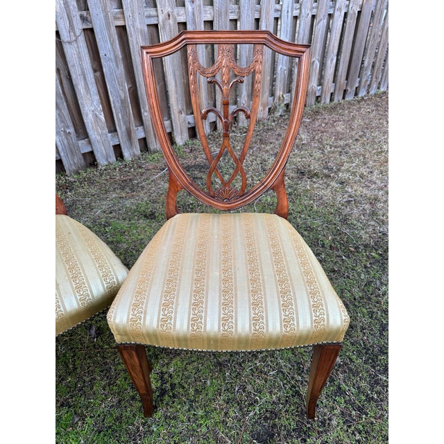 1960s Mahogany Carved Shield-Back Gold Fabric Hepplewhite Chairs - Set of 4 For Sale - Image 6 of 12