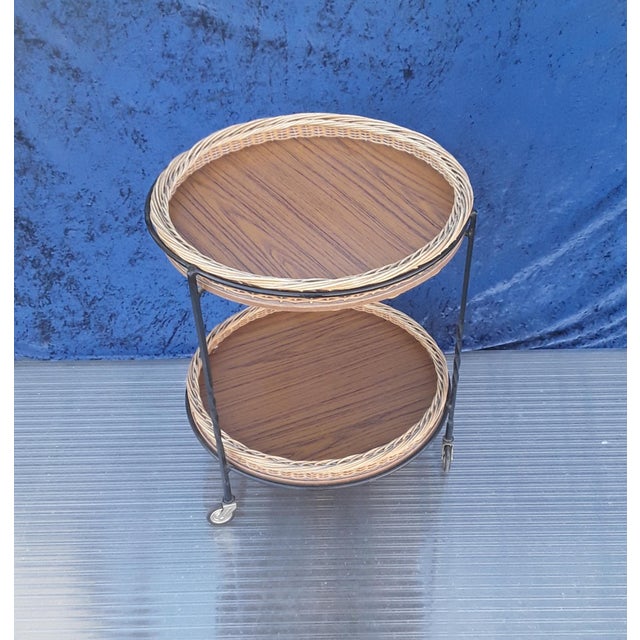 Vintage Round Side Table on Wheels with Wicker Frame, 1970s For Sale - Image 3 of 5