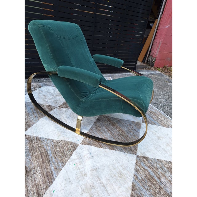 Forest Green 1970s In the Style of Guido Faleschini Chrome and Brass Milo Baughman Rocking Chair For Sale - Image 8 of 12