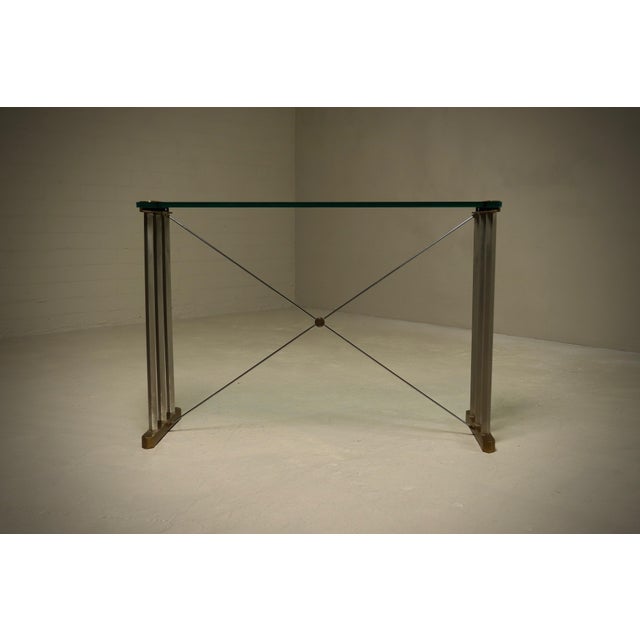 Console Table with Brass Details and Glass Top by Peter Ghyczy, 1970s For Sale - Image 6 of 15