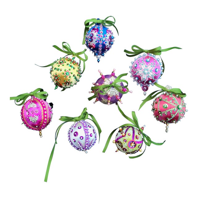 Vintage Hand Beaded Christmas Ornaments - Set of 8 For Sale