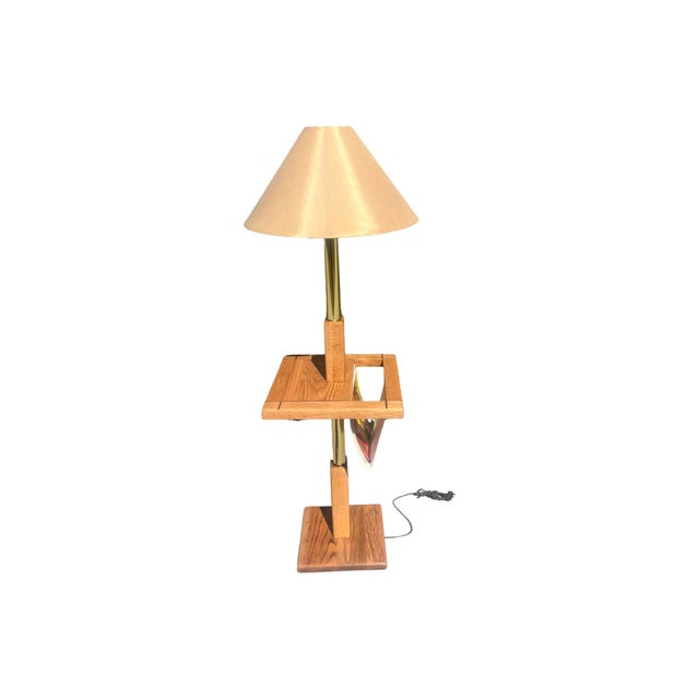 Vintage Mid Century Postmodern 1970s Solid Oak Brass Magazine Table Floor Lamp 1980s Restored For Sale - Image 11 of 12