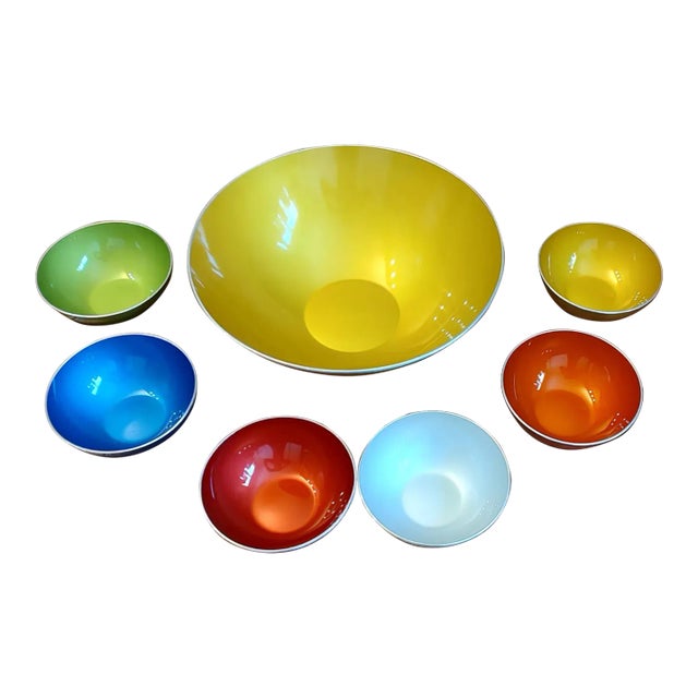 1960s Danish Modern Emalox Aluminum Snacking Bowl Set- 7 Pieces For Sale