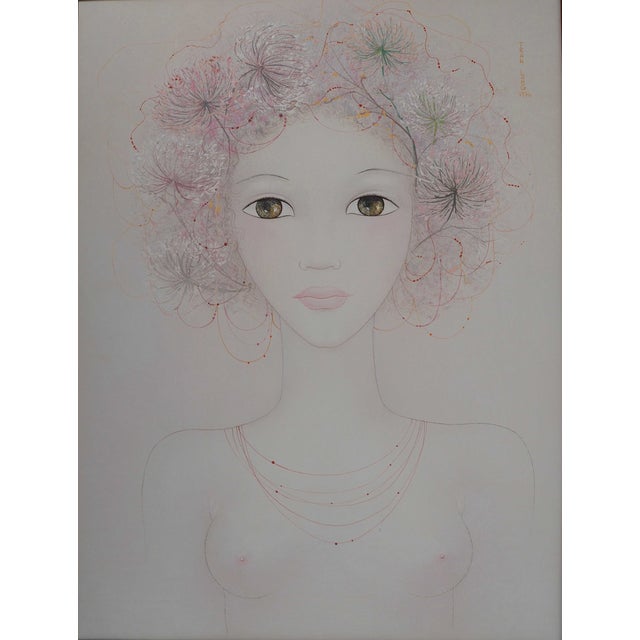 Mara Tran Long, Jeune fille en fleur, les ombellifères, 1974, Oil and Gouache on Panel For Sale