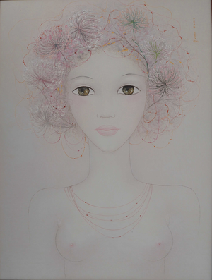 Mara Tran Long, Jeune fille en fleur, les ombellifères, 1974, Oil and Gouache on Panel
