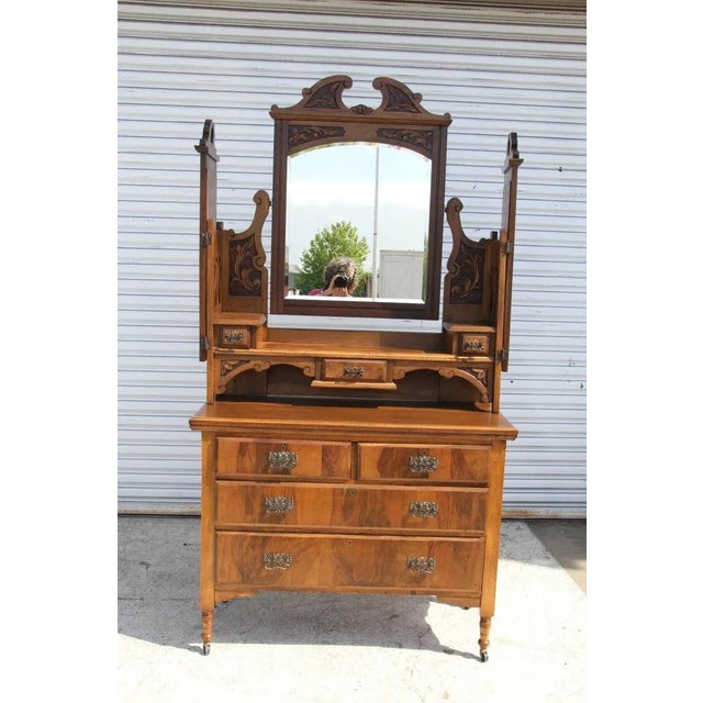 Late 19th Century Antique Victorian Walnut Mirrored Vanity Dresser For Sale - Image 4 of 13