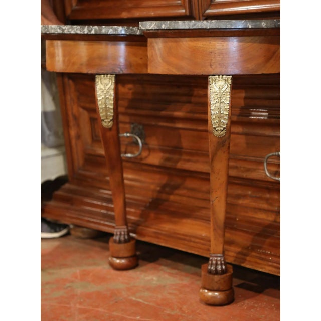 Pair of Early 19th Century French Empire Walnut and Marble Top Wall Consoles For Sale - Image 4 of 13