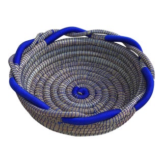 Royal Blue and Pine Needle Basket For Sale