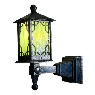 1910s Arts and Crafts Porch Light With Black Enamel Paint and Green Glass #2601 For Sale