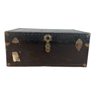 Antique Black Cabin-Size Steamer Trunk With Brass Hardware For Sale