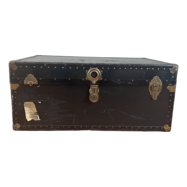 Antique Black Cabin-Size Steamer Trunk With Brass Hardware For Sale