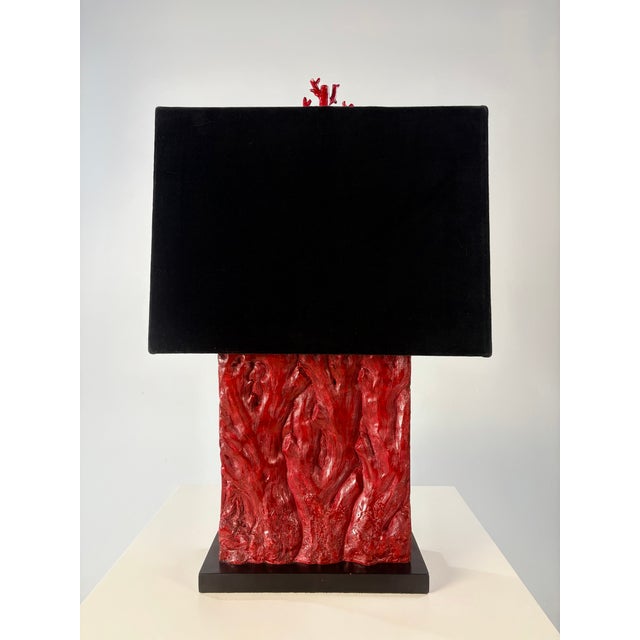 Contemporary 1990s Tanner Kenzie Red Resin Table Lamps With Black Velvet Shades - Pair For Sale - Image 3 of 8