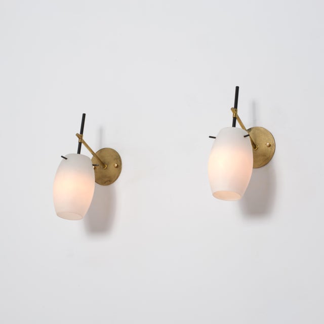 Black Mid-Century Italian Wall Sconces in Brass, Black Lacquer and Opaline Glass, 1950s, Set of 2 For Sale - Image 8 of 11