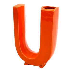 Space Age Orange U Letter Shaped Ceramic Solifleur Vase, Marcel Radureau Ca. 1970