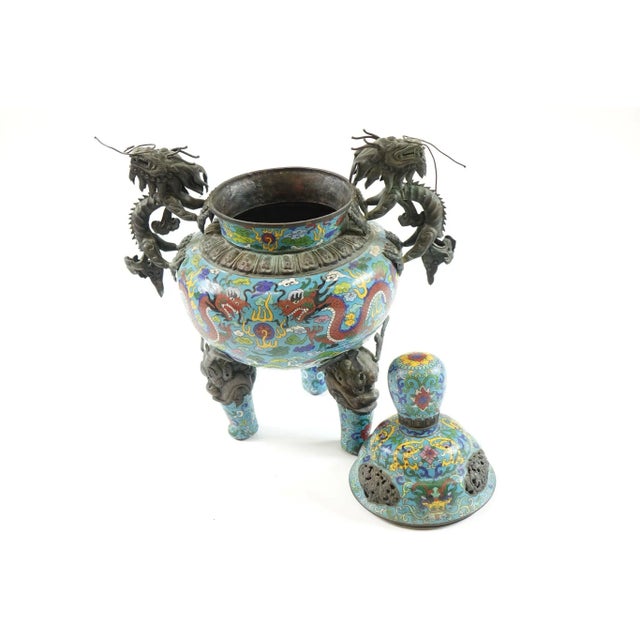 Chinese Antique Chinese Cloisonne Tripod with Top For Sale - Image 3 of 12