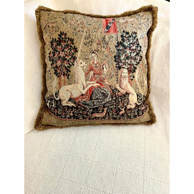 Vintage Metrax Belgian Tapestry Throw Decorative Pillow Lady and the Unicorn Jacquard Woven For Sale - Image 4 of 11