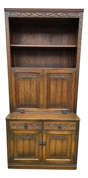 Vintage Oak Wood Bros Desk Cabinet Tudor Shelf Hutch Bookshelf Old Charm Leather
