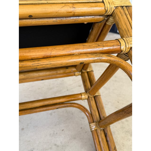 Vintage Coastal Rattan Ottoman With Custom Sunbrella Cushion For Sale In Naples, FL - Image 6 of 10