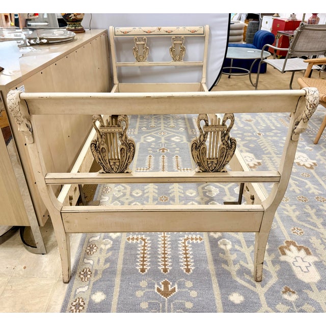 Antique French Painted Twin Bed With Carved Swan Heads & Lyre Motifs For Sale - Image 9 of 11