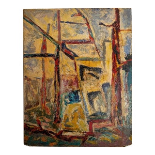 Vintage 1940s Cubist Abstract Cityscape Painting, Oil on Board, Unsigned For Sale