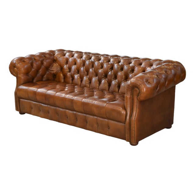 Chesterfield Sofa in Tan Tufted Leather, 1990s For Sale