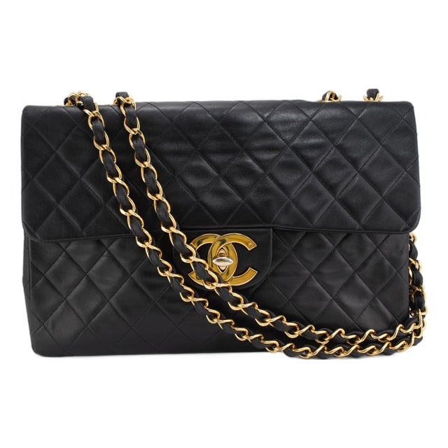 Vintage Chanel XL Jumbo Black Quilted Lambskin Gold-Tone Flap Shoulder Bag For Sale