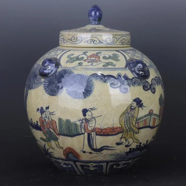Art Deco Chinese Vintage Ceramic Pot,Ming Dynasty Jiajing Marked Blue and White Doucai Porcelain Lid Jar Hand Painted Eight Immortals Pattern For Sale - Image 3 of 11
