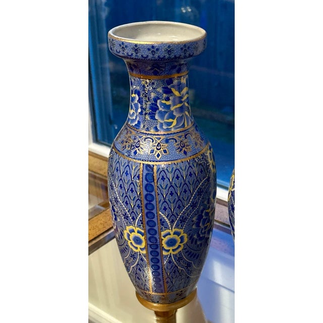 Chinoiserie Vintage Blue and Gold Cloisonné Vases, 12 Inches Each - A Pair For Sale - Image 3 of 12