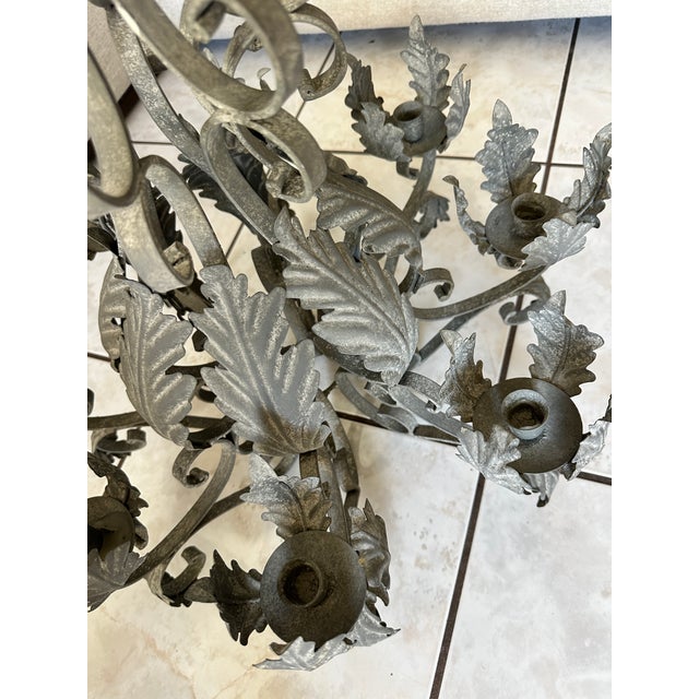 Light Gray Vintage Patina Wrought Iron Tole Leaf 8 Candle Chandelier 30" Heavy French Style For Sale - Image 8 of 13