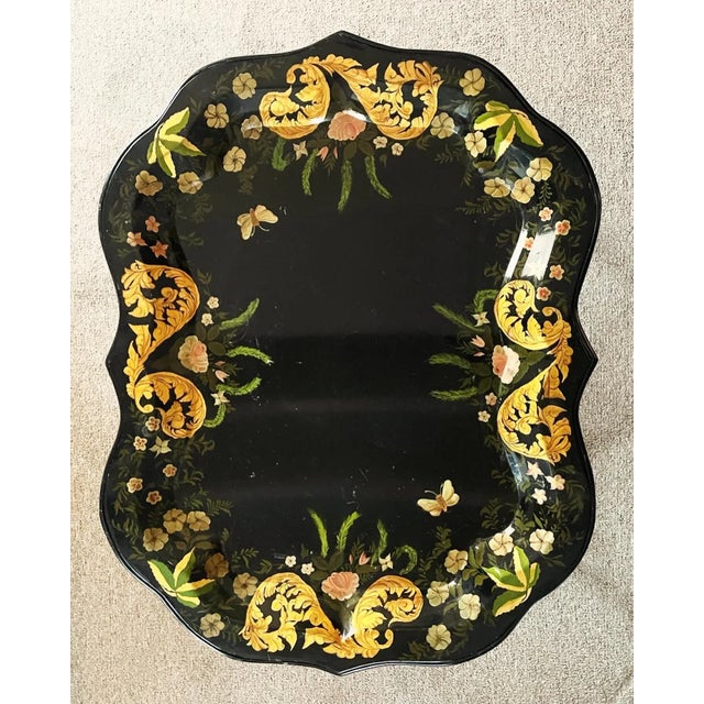 1900 - 1909 Antique Painted Tole Tray on Faux Bamboo Stand For Sale - Image 5 of 8