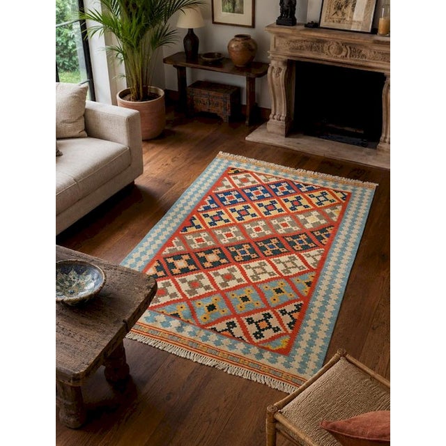 Boho Chic Afghan Handmade Kilim with Polychrome Geometric Pattern, 1990s For Sale - Image 3 of 7