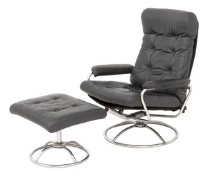 Ekornes Gray Leather Lounge Chair and Ottoman