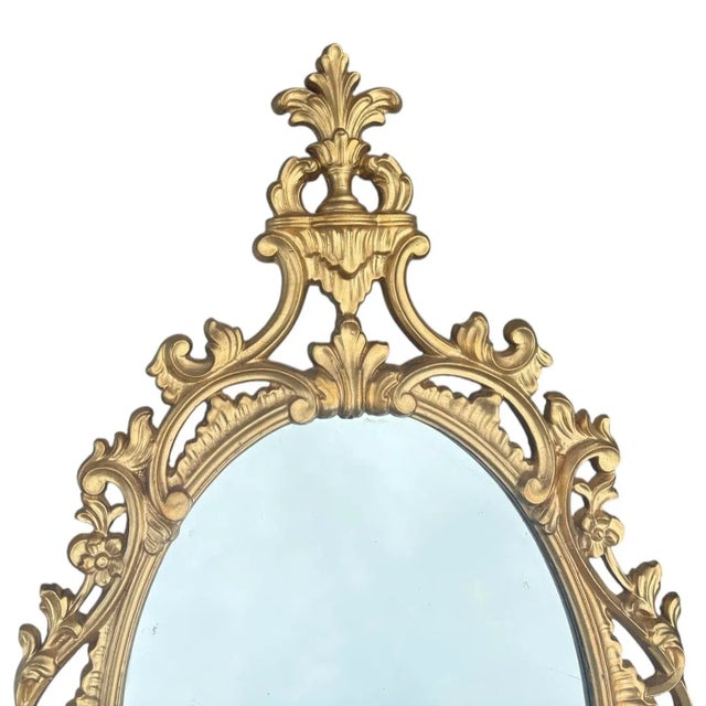 Hollywood Regency Gold Ornate Style Hard Plastic/Resin Floral Scroll Wall Mirror 36”H X 19”