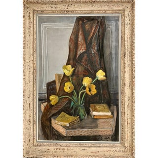 Jean Souverbie, Large French Modernist Nabi Oil Painting Jean Souverbie Still Life Tulipes Jaune, 1970 For Sale