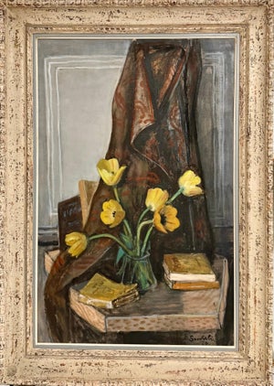 Jean Souverbie, Large French Modernist Nabi Oil Painting Jean Souverbie Still Life Tulipes Jaune, 1970