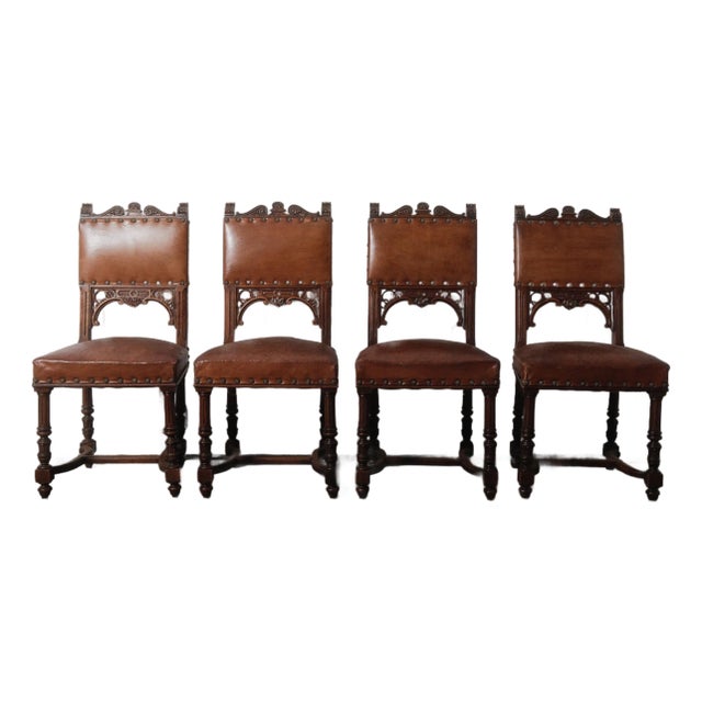 Early 20th Century Antique Henry II Renaissance Style Brown Leather and Wood Chairs - Set of 4 For Sale