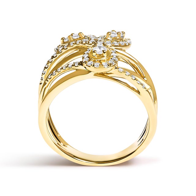 Early 21st Century 10K Yellow Gold 1/2 Cttw Diamond Crossover 3 Leaf Floral Cocktail Ring Band (H-I Color, SI1-SI2 Clarity) - Size 6 For Sale - Image 5 of 7