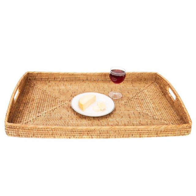 2020s Artifacts Rattan Rectangular Ottoman Tray with High Handles in Honey Brown - 28" For Sale - Image 5 of 7