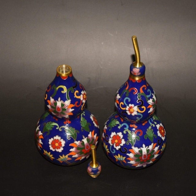Metal Pair Vintage Chinese Cobalt Blue Cloisonné Gourd Vases, Floral Scroll Motif For Sale - Image 7 of 9