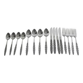 1960s Malta Japanese Mid Century Modern 4 Piece Setting for 4 Stainless Steel Black Detail Matching MCM Spoons Forks Knives 16 Pieces For Sale