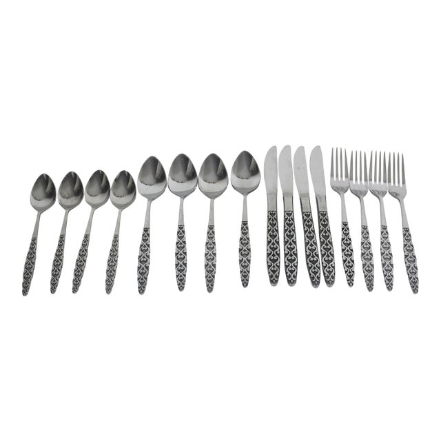 1960s Malta Japanese Mid Century Modern 4 Piece Setting for 4 Stainless Steel Black Detail Matching MCM Spoons Forks Knives 16 Pieces For Sale
