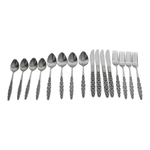 1960s Malta Japanese Mid Century Modern 4 Piece Setting for 4 Stainless Steel Black Detail Matching MCM Spoons Forks Knives 16 Pieces
