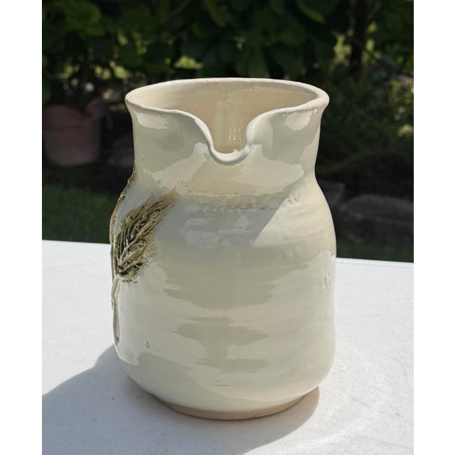 Ceramic Vintage 1994 Handcrafted Ceramic Pitcher With Sculptural Leaf Motif For Sale - Image 7 of 10