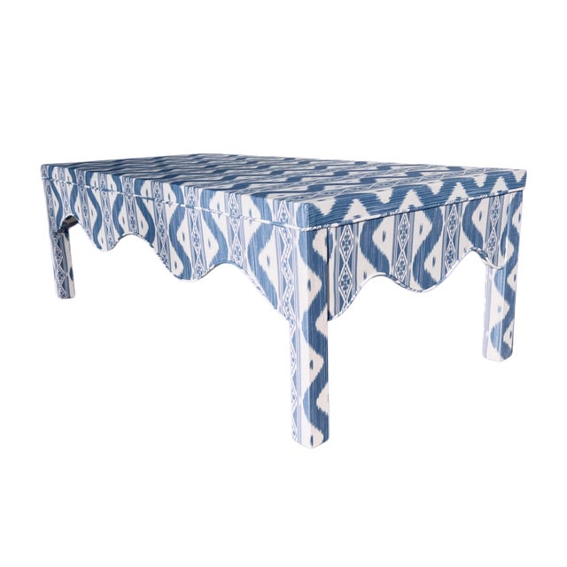 2020s Custom Scalloped Coffee Table in Blue Ikat For Sale - Image 5 of 16